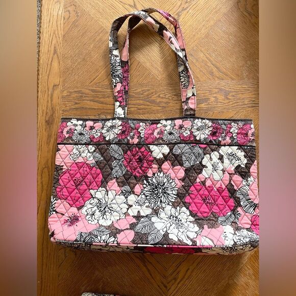 Vera Bradley Tote Bag with Pencil Pouch Case Floral Pink Brown - Picture 2 of 10